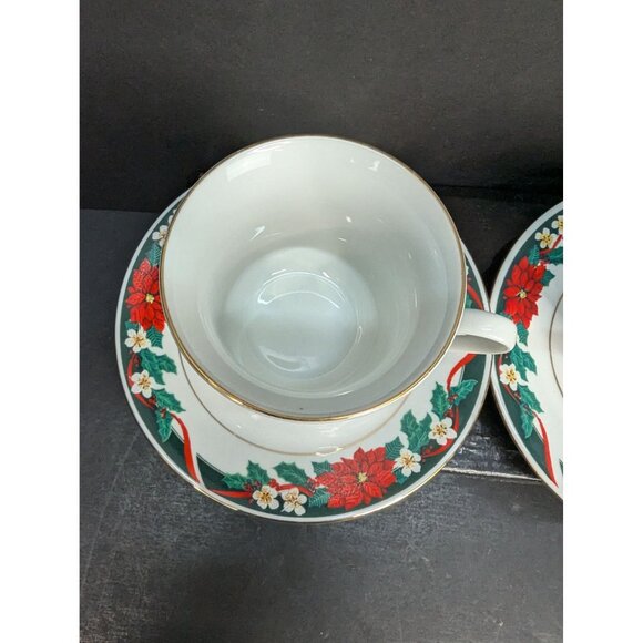 Tienshan Deck The Halls Footed Cup and Saucer Set 6 Oz Lot of 2 - Picture 6 of 10